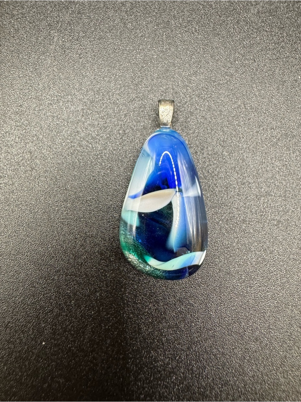 Artisan Fused Glass Blue Green White Tear Drop Pendant